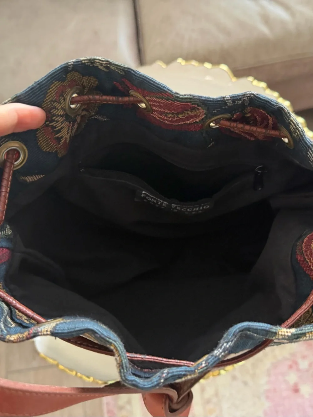 Vtg Ponte Vecchio Tapestry Floral Bucket Bag Drawstring Made in USA AS IS